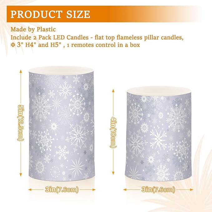ALAZA Gray White Winter Snowflakes Christmas Flickering Flameless Candles Battery Operated with Remote Timer,Tea Light Candles LED Pillar Votive Candles Set of 2 for Outdoor Indoor Decorations