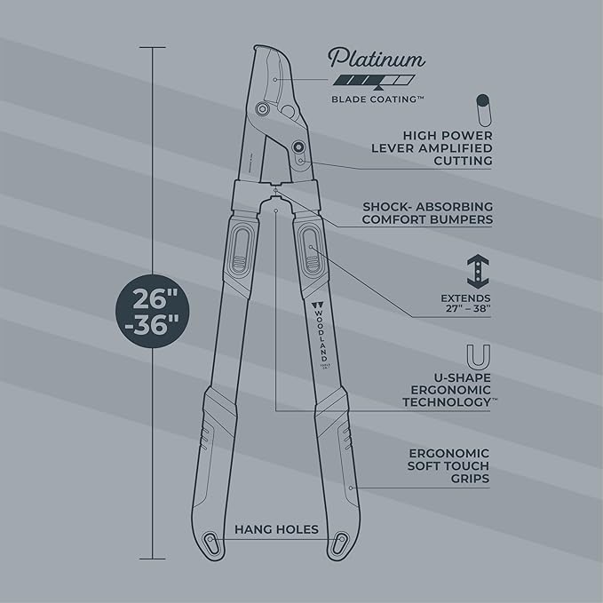 Woodland Tools Co. Heavy Duty Extendable Lopper – 25"-37" Telescoping Handles, LeverAction Mechanism, 1.75" Cut Capacity, Ideal for Tree and Branch Trimming