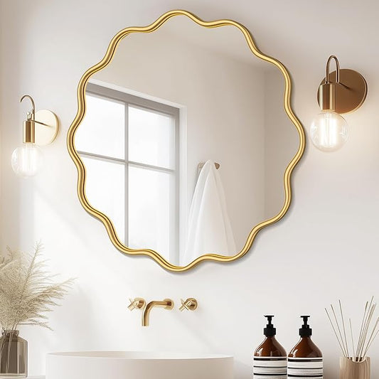 PROHOMEWARE Gold Round Mirror 36 Inch Wavy Bathroom Vanity Mirror Gold Frame Modern Wall Mirror Decorative Wall-Mounte Anti-Rust, Tempered Glass