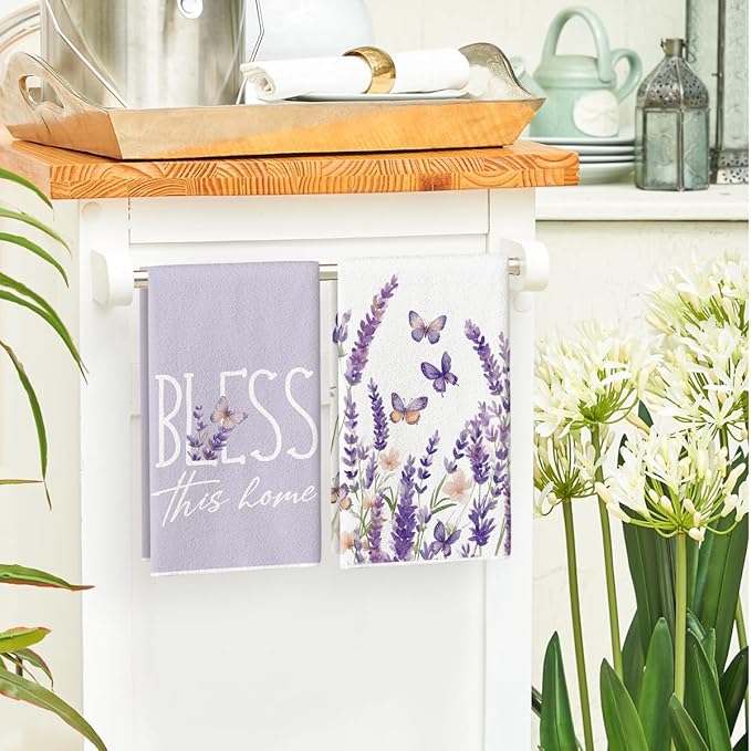 Artoid Mode Butterfly Lavender Sweet Home Spring Kitchen Towels Dish Towels, 18x26 Inch Farmhouse Summer Decoration Cleaning Set of 4