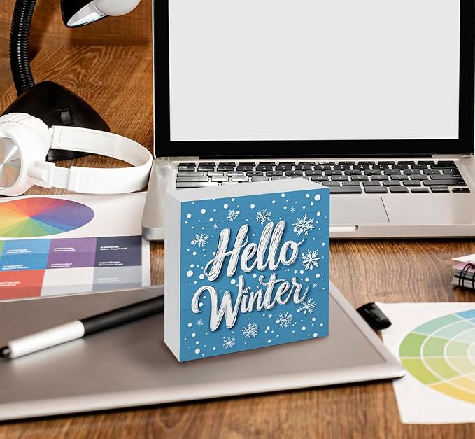 Hello Winter Sign, Blue Winter Snowflake Wooden Box Sign, Blue Christmas Decorations, Farmhouse Christmas Wood Signs for Home Office Desk Table Shelf Decor, 5x5 Inch