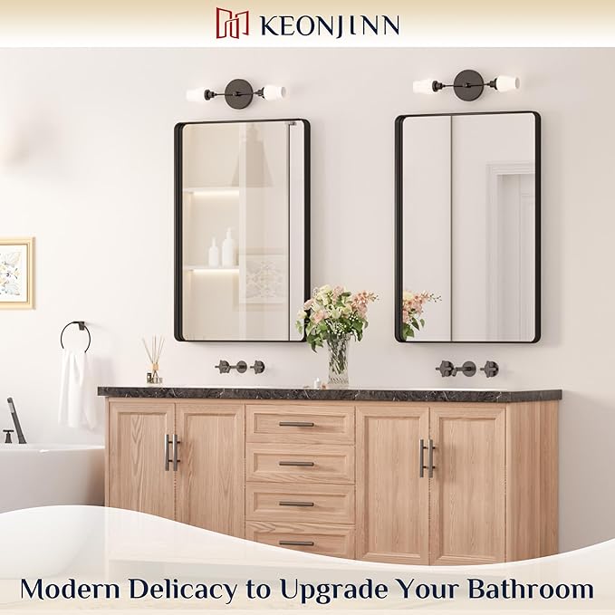 Keonjinn Black Bathroom Mirror for Vanity 24 x 36 Inch Metal Framed Wall Mirror Matte Black Rounded Rectangle Farmhouse Mirror, HD Tempered Glass, Wall-Mounted Decorative Mirrors(Horizontal/Vertical)