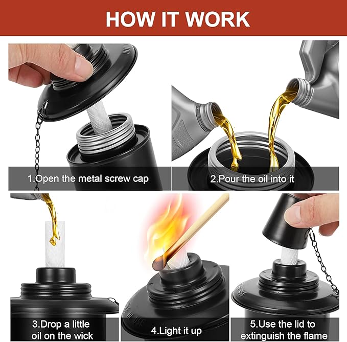 12oz Torch Replacement Canisters - 4 Pack Bamboo Torch Fuel Canister Torches Cans With Wicks and Covers, Refillable Metal Tabletop Lantern For Garden, Patio, Luau Party