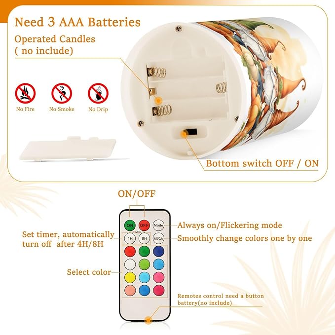 Thanksgiving Autumn Fall Gnomes Pumpkin Flickering Flameless Candles Battery Operated with Remote Timer,Tea Light Candles LED Pillar Votive Candles Set of 2 for Outdoor Indoor Decorations