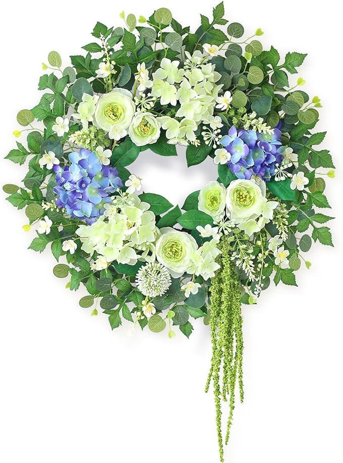 26" Hydrangea & Eucalyptus Wreath for Front Door, Porch, Window - Large Artificial Silk Flowers Outdoor Wreath for Home, Farmhouse, Wedding Decor - Spring, Summer, All Seasons (White&Purple)