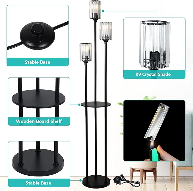 HMVPL Crystal Floor Lamp with Shelves, Modern Floor Lamps for Living Room, 3-Light Standing Lamps with Table, Black Tall Lamp with Crystal Shade, On/Off Foot Switch, Corner Floor Lamp for Bedroom