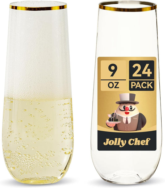 JOLLY CHEF 24 Pack Stemless Plastic Champagne Flutes Disposable 9 Oz Gold Rim Clear Plastic Toasting Glasses Shatterproof Recyclable