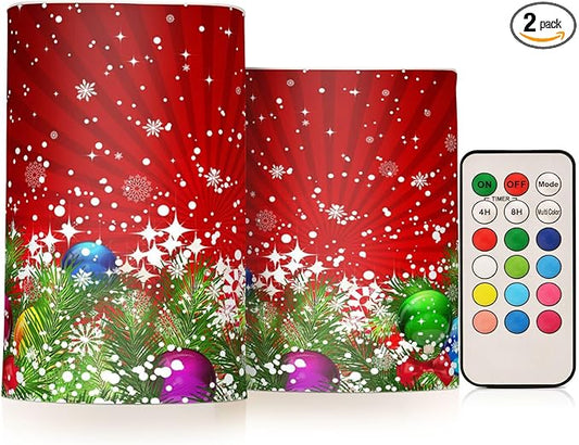 ALAZA Christmas Tree Decoration and Snowflakes Red Flickering Flameless Candles Battery Operated with Remote Timer,Tea Light Candles LED Pillar Votive Candles Set of 2 for Outdoor Indoor Decorations