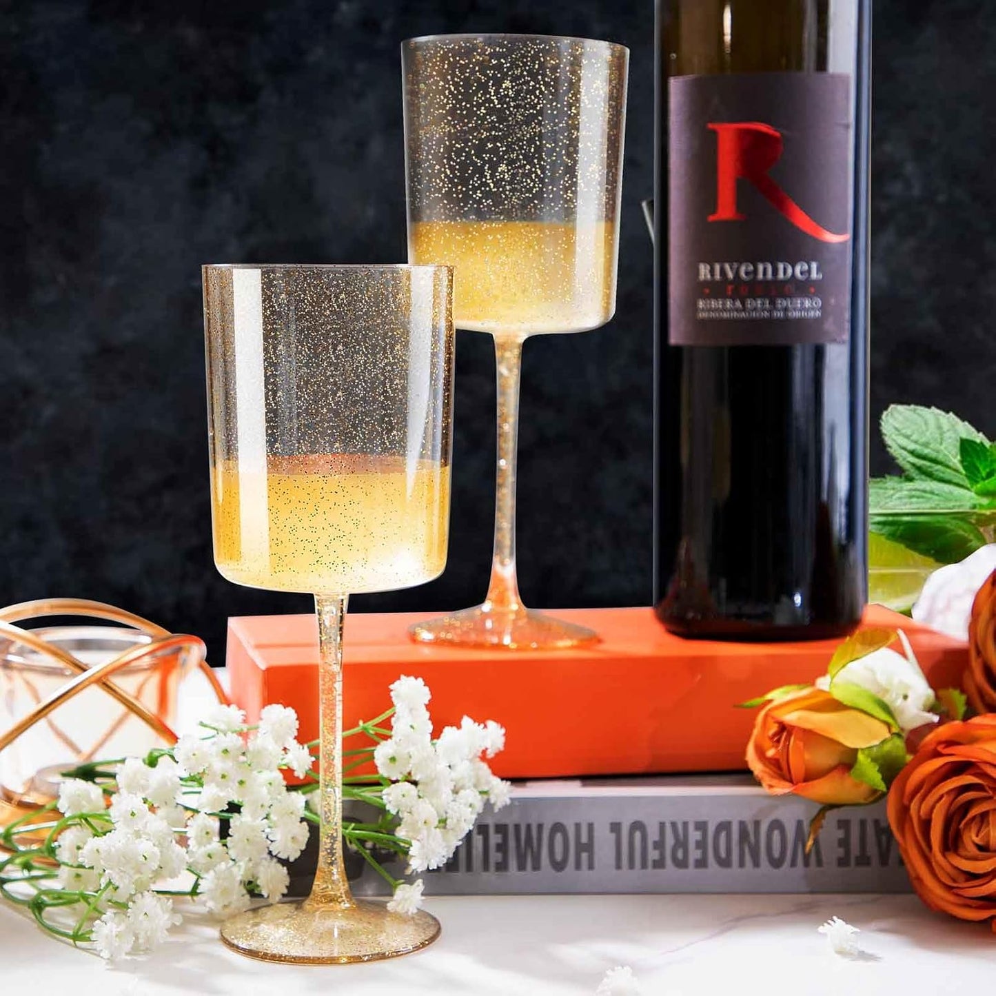 Ciaell 6 Pack Gold Plastic Wine Glasses - 10 Oz Disposable Glasse with Stem - Disposable Wine Glasses Perfect for Parties & Weddings & Poolside & Outdoors & Camping & Thanksgiving