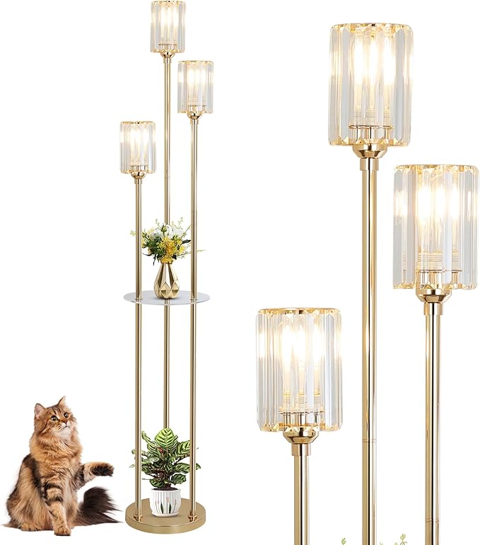 HMVPL Gold Floor Lamps for Living Room, Modern Floor Lamp with Shelves, Crystal Standing Lamps with Table, Brass Tall Lamp with Crystal Shade, On/Off Switch, Mid Century Corner Floor Lamp for Bedroom