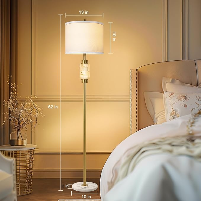 Natural Alabaster Floor Lamp, Floor Lamps for Living Room, Standing Lamp with Night Light, Linen Shade, Marble Base, Gold Floor Lamp, Tall Lamp for Bedroom, Living Room,Office(Bulb Included)