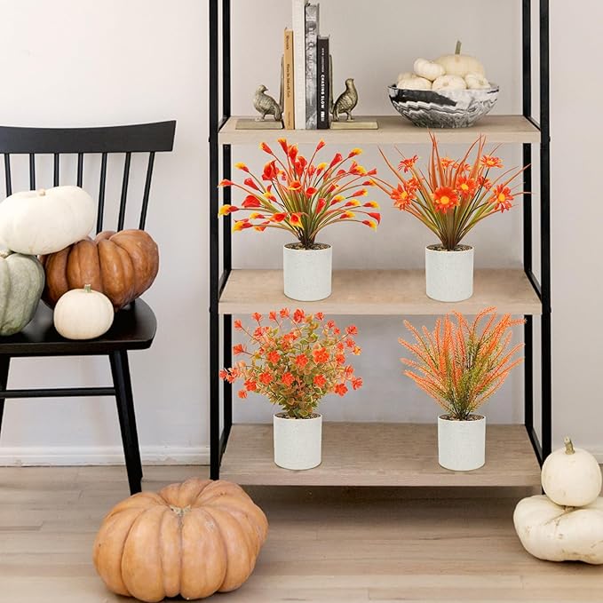 4 Pcs Small Potted Artificial Plants 10inch Fake Fall Plants in Pots Mini Faux Fall Flowers with Pots for Indoor Home Bathroom Bedroom Office Shelf Tabletop Fall Decor