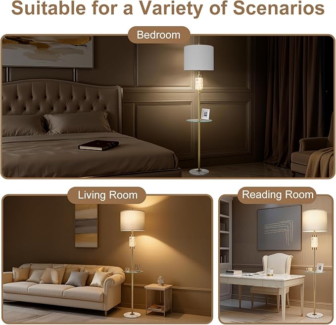 Modern Floor Lamp for Living Room with Glass Tray and Night Light, Alabaster Bedroom Lamp, Tall Lamp with Linen Shade, Marble Base Standing Lamp for Living Room,Bedroom,Office(Bulb Included)
