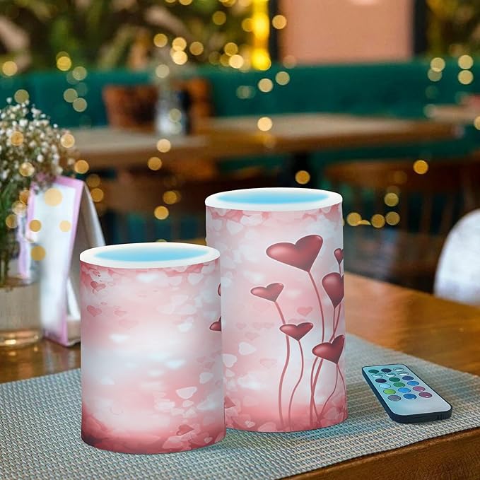 ALAZA Valentine's Day Red Hearts Pink Flickering Flameless Candles Battery Operated with Remote Timer,Tea Light Candles LED Pillar Votive Candles Set of 2 for Outdoor Indoor Decorations03