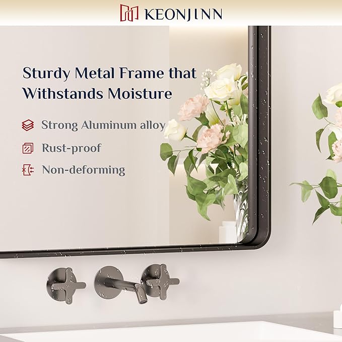 Keonjinn Black Bathroom Mirror - 55 x 30 Inch Large Metal Framed Wall Mirror, HD Tempered Glass, Modern Decorative Mirror (Horizontal/Vertical)