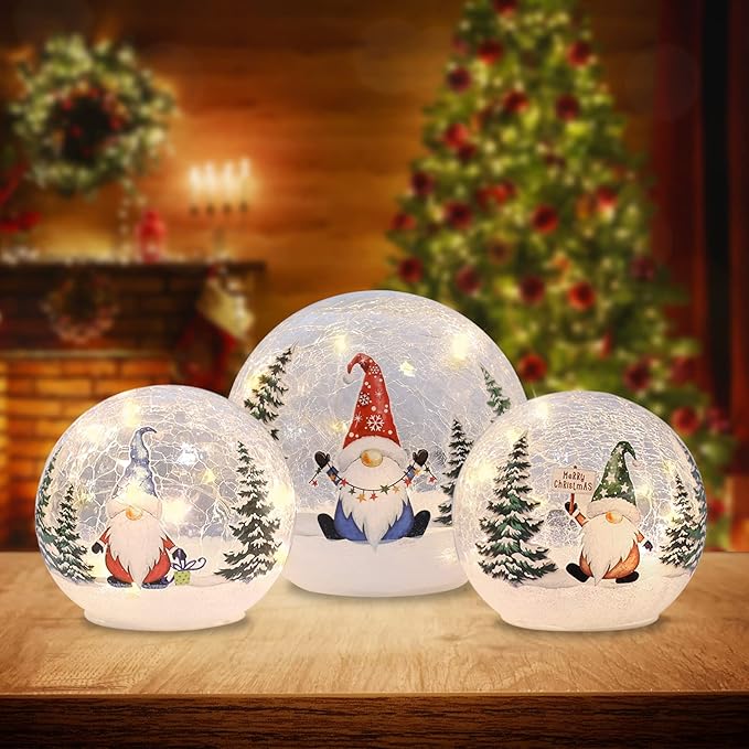 YEAHOME Christmas Decorations Indoor, 3 Pcs Lighted Gnomes Christmas Snow Globes Home Decor, Christmas Table Decorations LED Crackle Glass Ball with Timer for Living Room Fireplace Tabletop