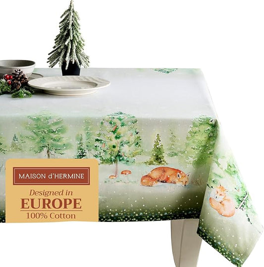 Maison d' Hermine Table Cloth Rectangle Table 100% Cotton 70 x 108 Inches Fall Tablecloth Reusable Everyday Use for Thanksgiving Christmas Decorations Dining Farmhouse Party (Winter Mornings)