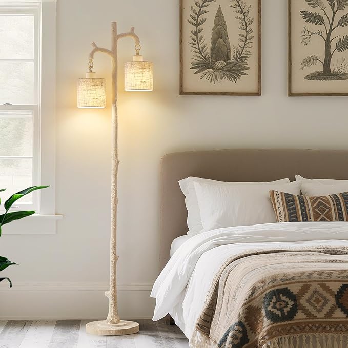 Rustic Floor Lamp for Living Room - Newly Upgraded Heavy-Duty Resin Base Farmhouse Floor Lamp with 2 Country Vintage Reading Light - Standing Tall Lamps for Bedroom Office Home Decor (Almond White)