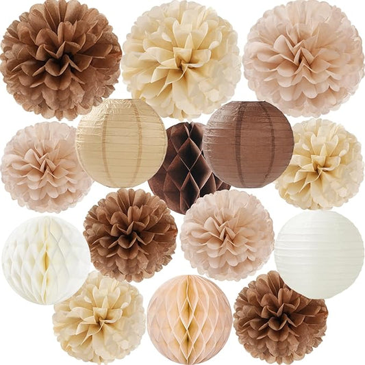 Boho Brown Champagne Beige Paper Flowers Tissue Pom Poms Honeycomb Lanterns 15pcs Party Decorations Fall Thanksgiving Rustic Wedding Baby Shower Neutral Birthday Autumn Hanging Supplies Decor