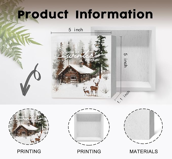 Winter Sign, Winter Christmas Reindeer Wooden Box Sign, Farmhouse Xmas Decorations, Wonderland Decorations, Christmas Wood Signs for Home Office Desk Table Shelf Decor, 5x5 Inch