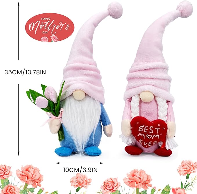 Lovinland Mothers Day Plush Couple Gnomes Decorations for Mom - Best Ever Gifts for Mom Who Have Everything from Daughter Son - Spring Tulips Gnomes Decor