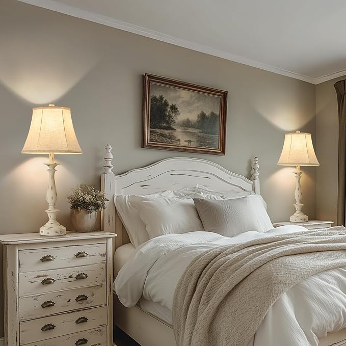 AIDENOEY 28.5" Traditional Table Lamp Set of 2, Rustic Farmhouse Table Lamps for Living Room Bedroom, Bedside Desk Lamps Vintage Nightstand Lamps with Silk Fabric Shades, Distressed White