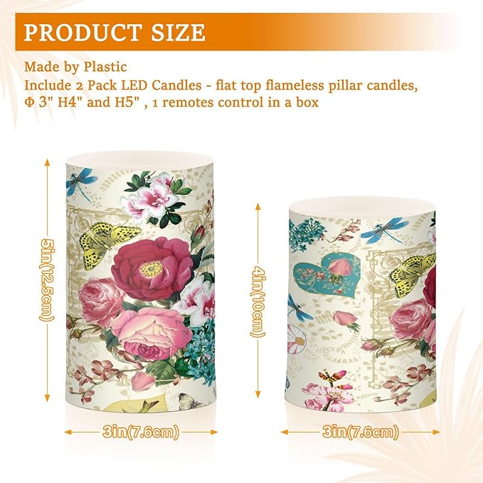 Beautiful Spring Flowers Butterflies Hummingbirds Flickering Flameless Candles Battery Operated with Remote Timer,Tea Light Candles LED Pillar Votive Candles set of 2 for Outdoor Indoor Decorations