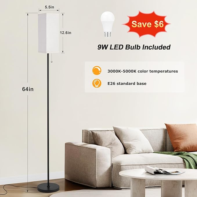 Ambimall Floor Lamp with 3 Color Temperatures Bulb & Pull Chain Switch, 64" Standing lamp, Beige Square Shade & Black Pole