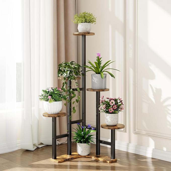 Corner Plant Stand Indoor, 6 Tier Corner Plant Shelf Flower Stand for Multiple Plants, Plant Shelves Organizer Rack for Living Room, Balcony, Patio, Garden, Round Rustic Brown