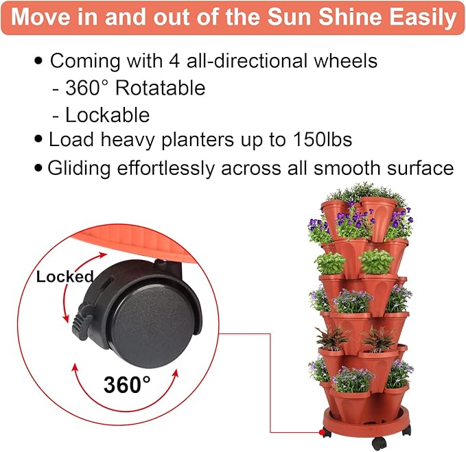 Vertical Planter 6 Tier Stackable Planters Garden Planters Strawberry Herb Flower and Vegetable Planter Indoor Outdoor Gardening Pots with Removable Wheels and Tools