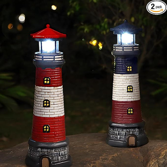 Solar Lighthouse Garden Outdoor Statues, Waterproof Lawn Lights Decor; Automatic Rotating Solar Lights for Yard, Patio, Ground, Tabletop Decoration; Unique Housewarming Gifts - 2PACK