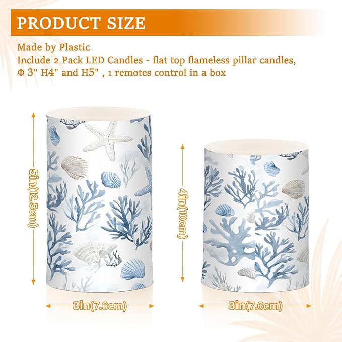 ALAZA Coastal Sea Star Coral Nautical Flickering Flameless Candles Battery Operated with Remote Timer,Tea Light Candles LED Pillar Votive Candles Set of 2 for Outdoor Indoor Decorations