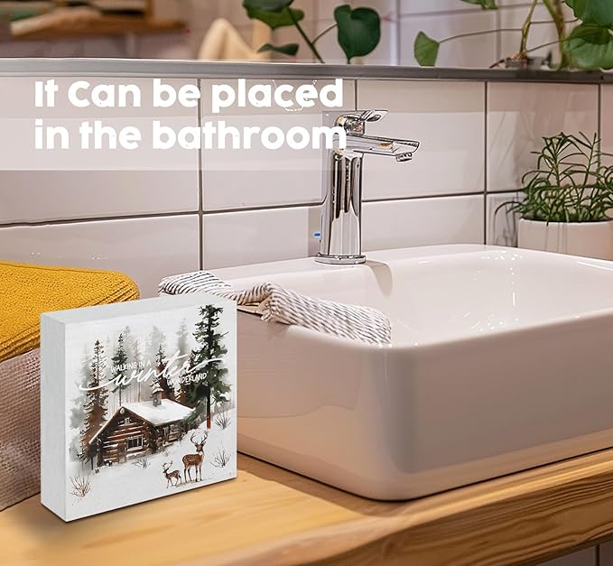 Winter Sign, Winter Christmas Reindeer Wooden Box Sign, Farmhouse Xmas Decorations, Wonderland Decorations, Christmas Wood Signs for Home Office Desk Table Shelf Decor, 5x5 Inch