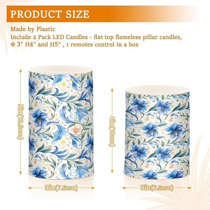 ALAZA Flowers Floral Blue Flickering Flameless Candles Battery Operated with Remote Timer,Tea Light Candles LED Pillar Votive Candles Set of 2 for Outdoor Indoor Decorations