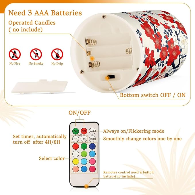 ALAZA Chinese Art Cherry Blossom Flickering Flameless Candles Battery Operated with Remote Timer,Tea Light Candles LED Pillar Votive Candles Set of 2 for Outdoor Indoor Decorations