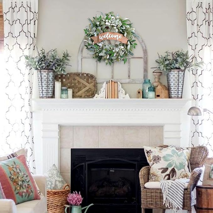 22 Inch Spring Everyday Lamb Ears Leaves Wreath with White Wild Flowers and Berries for Front Door, Welcome Wood Sign Green Leaves Wreath for Indoor Outdoor, Everyday Leaves Home Decor