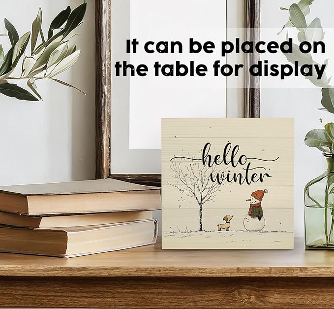 Hello Winter Sign, Christmas Snowman Snowflake Wooden Box Sign, Snowman Christma Decorations, Winter Christma Wood Signs for Home Office Desk Table Shelf Decor, 8x8 Inch