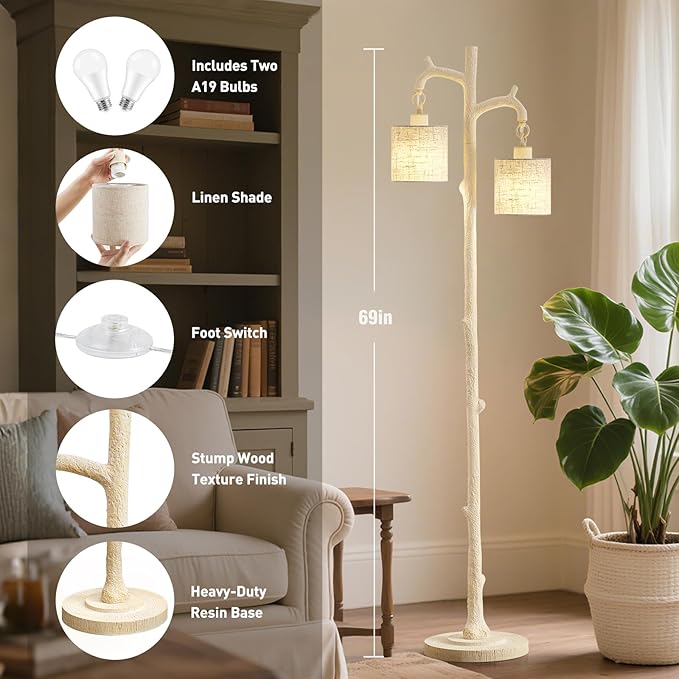 Rustic Floor Lamp for Living Room - Newly Upgraded Heavy-Duty Resin Base Farmhouse Floor Lamp with 2 Country Vintage Reading Light - Standing Tall Lamps for Bedroom Office Home Decor (Almond White)