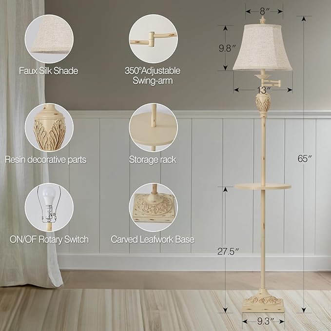 Traditional LED Floor Lamp with 350° Adjustable Swing Arm Lamp – Vintage Standing Pole lamp for Living Room, Bedroom and Office – Rustic Upright Floor Light for Home Décor with Silk Fabric Shade