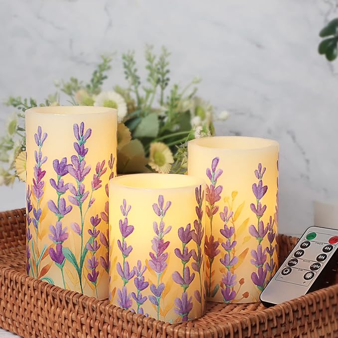 MELTONE Lavender Flameless Candles with Remote: Romantic Theme Real Wax Fake Candles - Home Bedroom Party Room Christmas Decor - Set of 3
