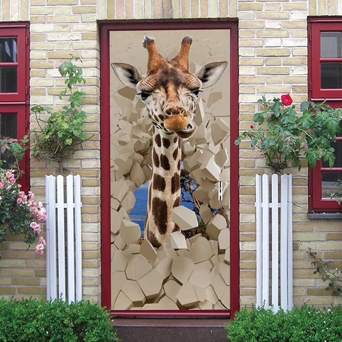 3D Peel and Stick Murals - Giraffe - Self-Adhesive Removable PVC Waterproof Door Poster for Bedroom & Living Room - 37.4 x 82.7 inch