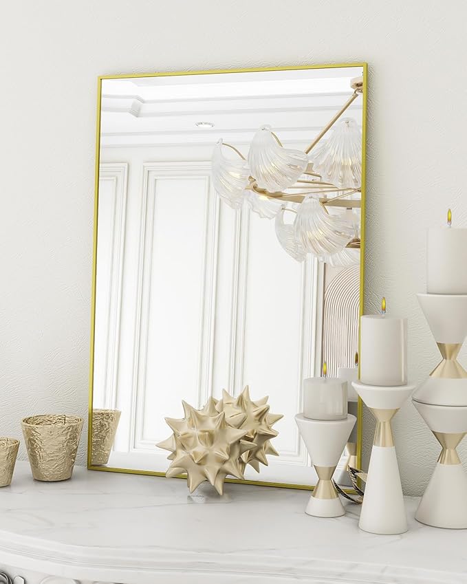 Koonmi Gold Rectangle Wall Mirror, 24x32 Inch Bathroom Mirror, Aluminum Frame Vanity Mirror for Entryway, Living Room, Bedroom Bathroom, Hangs Horizontally or Vertically
