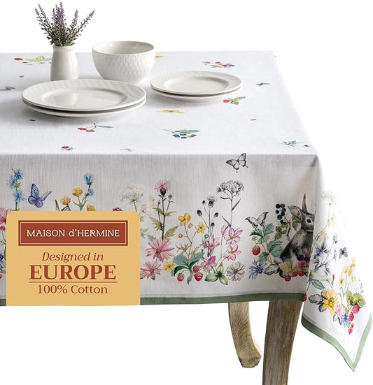 Maison d' Hermine Table Cloth Rectangle Table 100% Cotton 70 x 108 Inches Tablecloth Reusable Decorative for Dining Room, Farmhouse, Home, Party, Festive & Wedding Spring Summer - Printemps