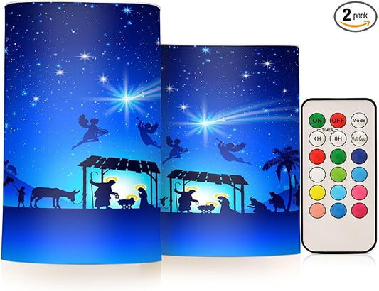 ALAZA Christmas Blue Nativity Scene Flickering Flameless Candles Battery Operated with Remote Timer,Tea Light Candles LED Pillar Votive Candles Set of 2 for Outdoor Indoor Decorations