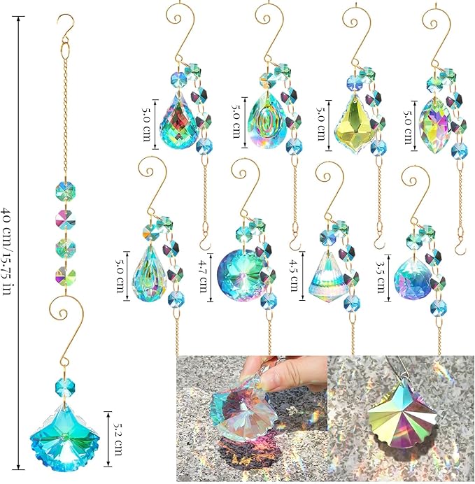 9 Pieces Sun Catchers Indoor Window Crystals Suncatchers for Windows Hanging Ornaments with Chain Colorful Prisms Rainbows Makers Pendants for Home Outdoor Garden Decoration