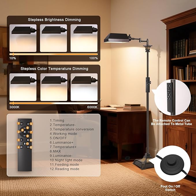 Scenekoy Adjustable Height Smart LED Floor Lamp for Living Room Bedroom, Remote Control Traditional 350º Swing Arm Standing Lamp with Swivel Metal Shade, Decor for Reading House Home Office