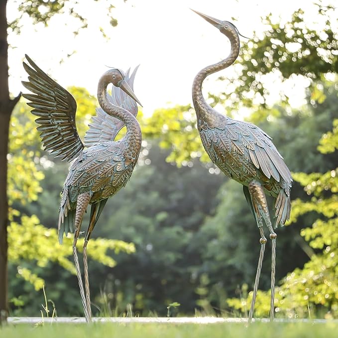 TERESA'S COLLECTIONS Yard Decorations Outdoor Garden Statues, Gold Metal Crane Yard Art, 33-39inch Lawn Ornaments for Backyard, Outside Porch, Patio, Wedding Decor,Set of 2,Spring Decor,Gifts for Mom