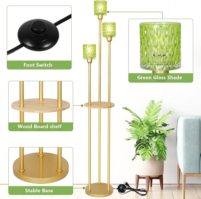 HMVPL MVPL Crystal Floor Lamp with Shelves,Floor Lamps for Living Room (Gold-Green Straight, Glass)