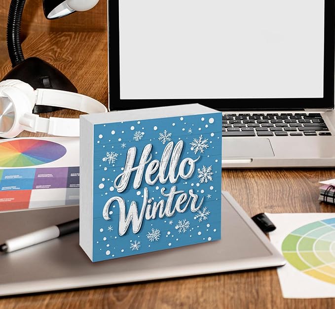 Hello Winter Sign, Blue Winter Snowflake Wooden Box Sign, Blue Christmas Decorations, Farmhouse Christmas Wood Signs for Home Office Desk Table Shelf Decor, 8x8 Inch
