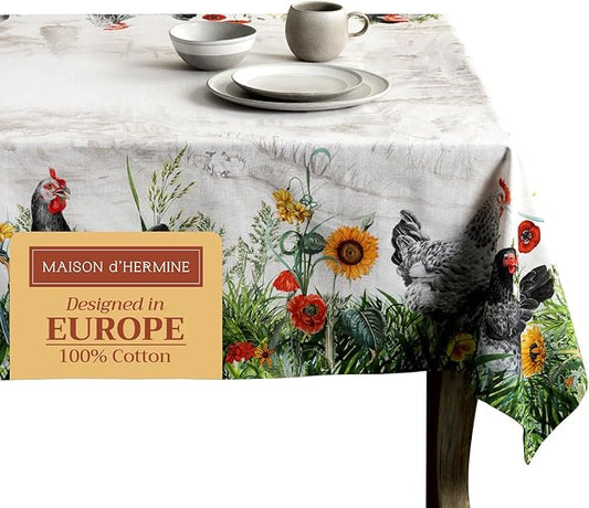 Maison d' Hermine Table Cloth Square Table 100% Cotton 54 x 54 Inches Tablecloth Reusable Decorative Everyday Use for Dining Room, Farmhouse, Home, Party, Festive & Wedding Spring Summer - Basse Cour
